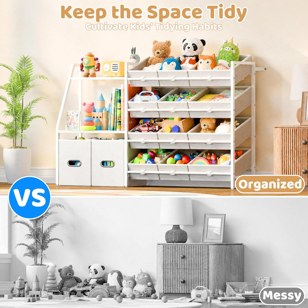 Kids Toy Storage Organizer - Toy Shelf , Kids Room | 12 Removable Fabric Bins, 2 Boxes & 2-Tier Bookshelves