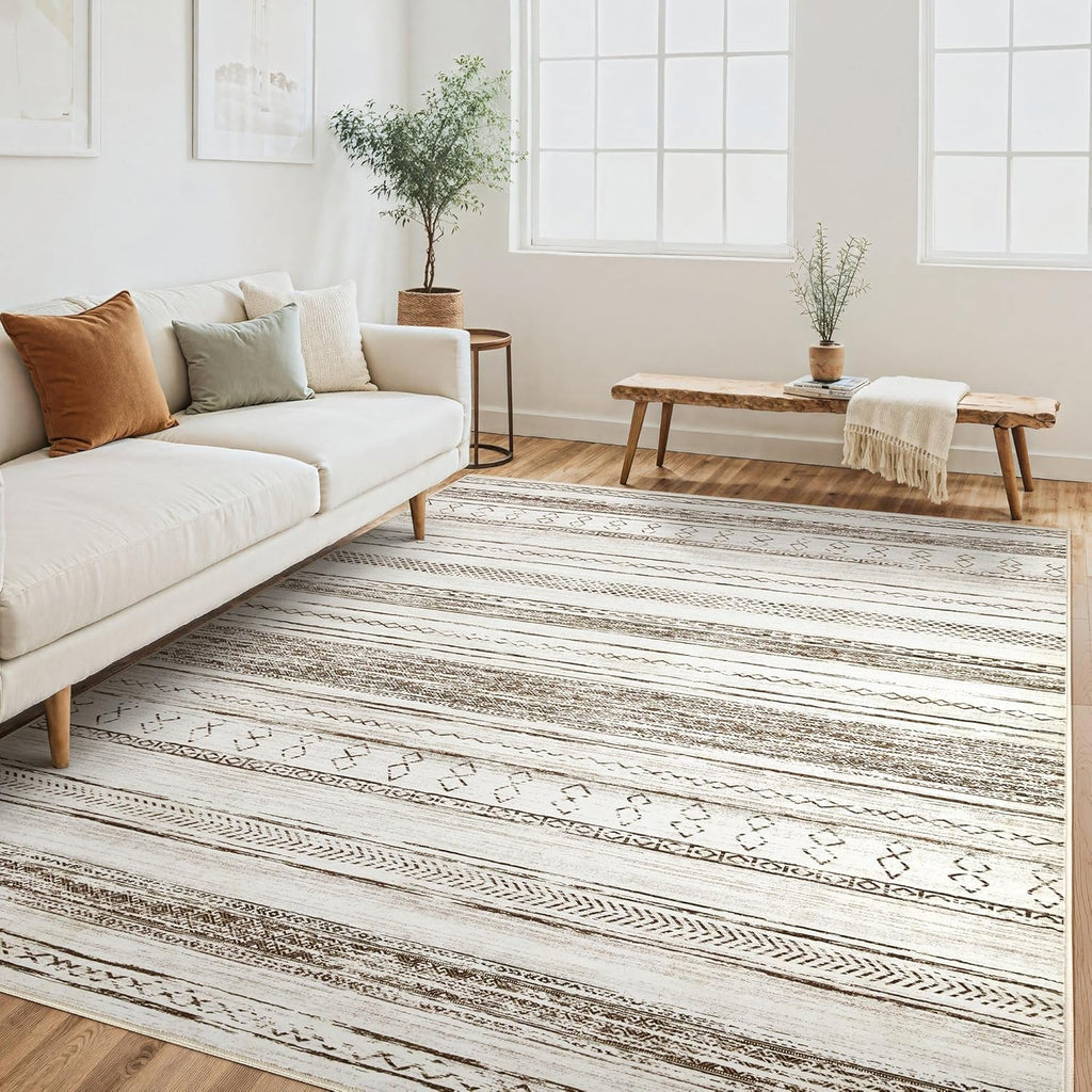 5x7 Washable Boho Moroccan Area Rug, Soft Neutral Non-Slip Carpet Cream Brown