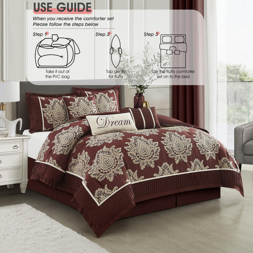Burgundy Comforter Set 7 Pieces, Jacquard Woven with Damask, Bedding Set in a Bag Includes Comforter