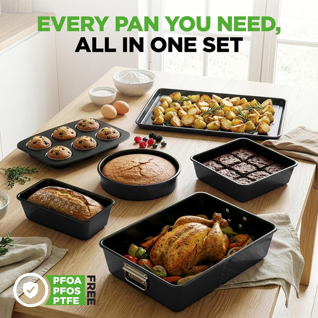 8-Piece Stackable Nonstick Bakeware Set - Premium Steel Pans Set - Includes Round Cake Pan, 6-Cup Muffin Pans