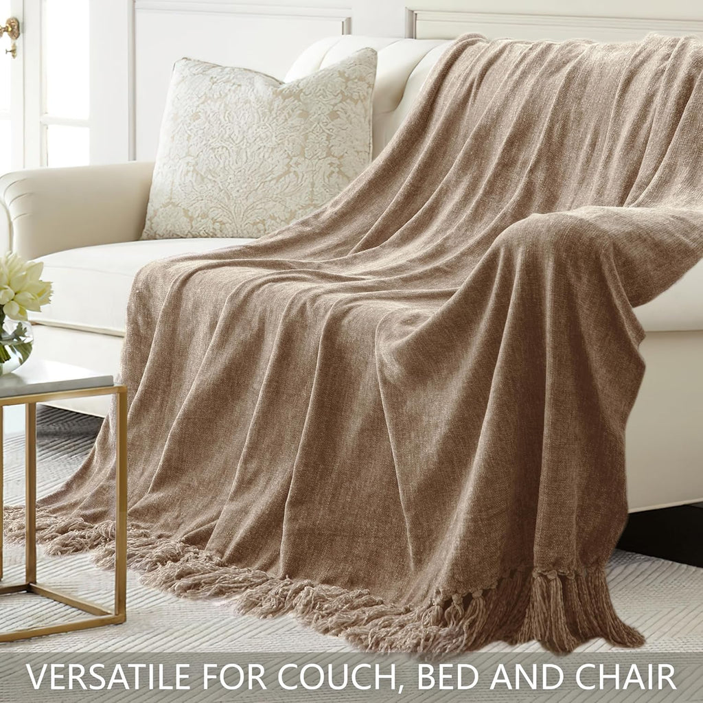 Chenille Throw Blanket, Soft Cozy Throws with Fringe Tassel, Lightweight Knitted Decorative Boho Blankets, Taupe