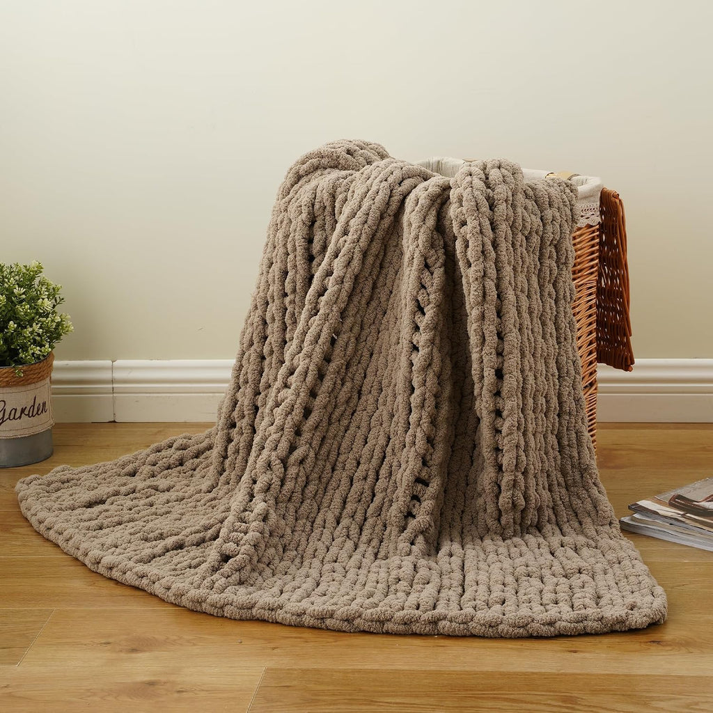 Beige Chunky Knit Throw Blanket, Soft and Thick Taupe Chenille Throw Blanket, 50"x60" Handmade Cable Knit Crochet