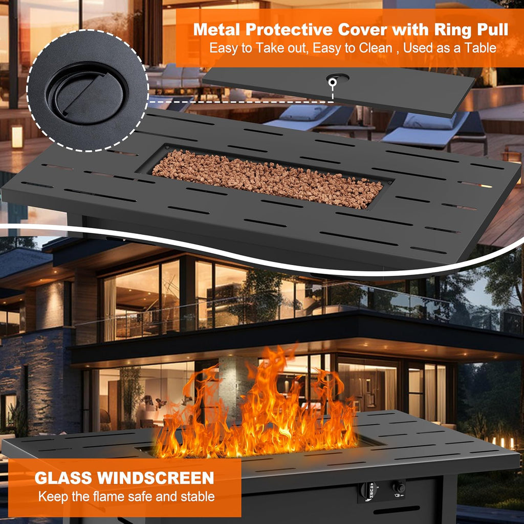 44 Inch Propane Fire Pit Table 50,000 BTU with Lid and Waterproof Cover for Outside Patio - Rectangular, Black
