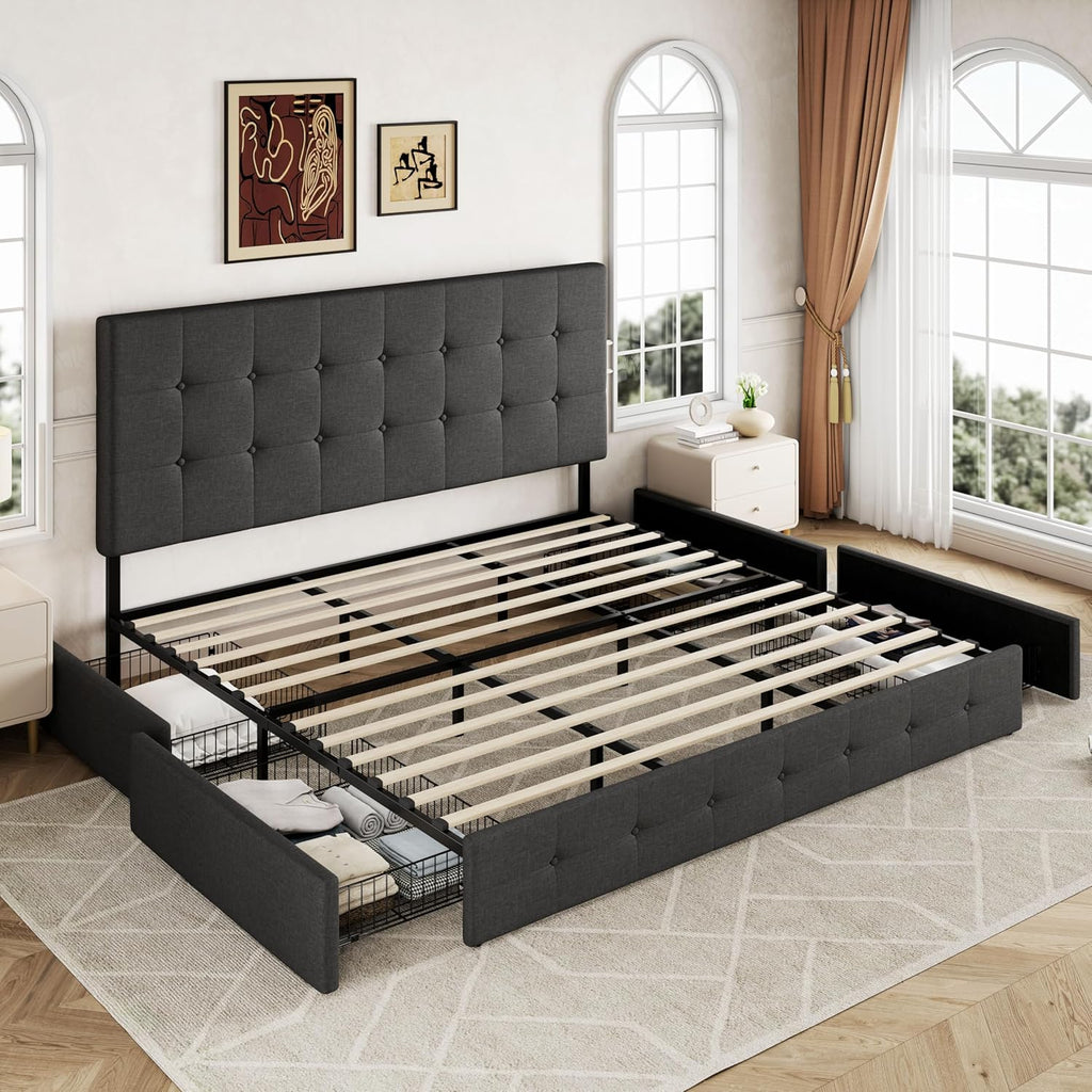 Upholstered King Platform Bed Frame with 4 Storage Drawers and Headboard, Square Stitched Button Tufted