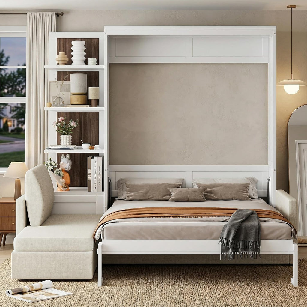 Queen Murphy Bed, Wood Queen Wall Bed with Sofa and Shelves, White