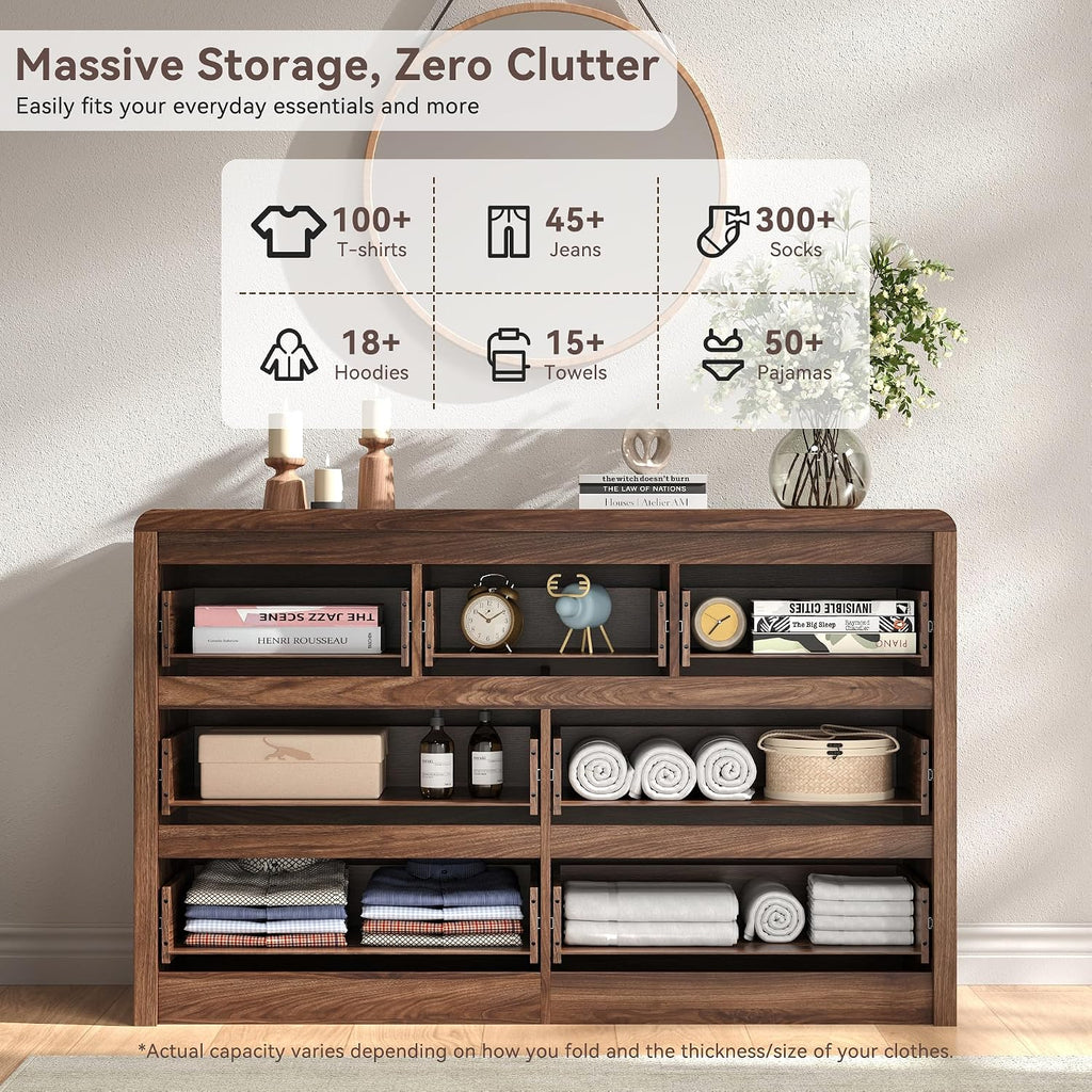 Fluted 7 Drawer Dresser , 50" Wide Dresser & Chest of Drawers with Curved Profile Design, Wood Mid Century Dressers