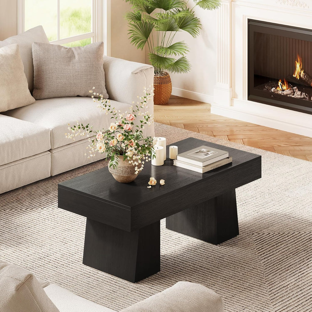 Farmhouse Coffee Table, 47 Inches Wooden Rectangular Accent Center Tables with Thick Base