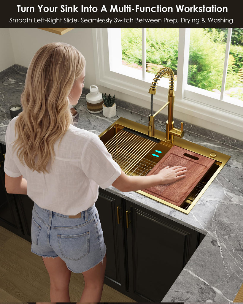 33x22 Gold Drop In Sink Workstation Topmount Kitchen Sink with Accessories