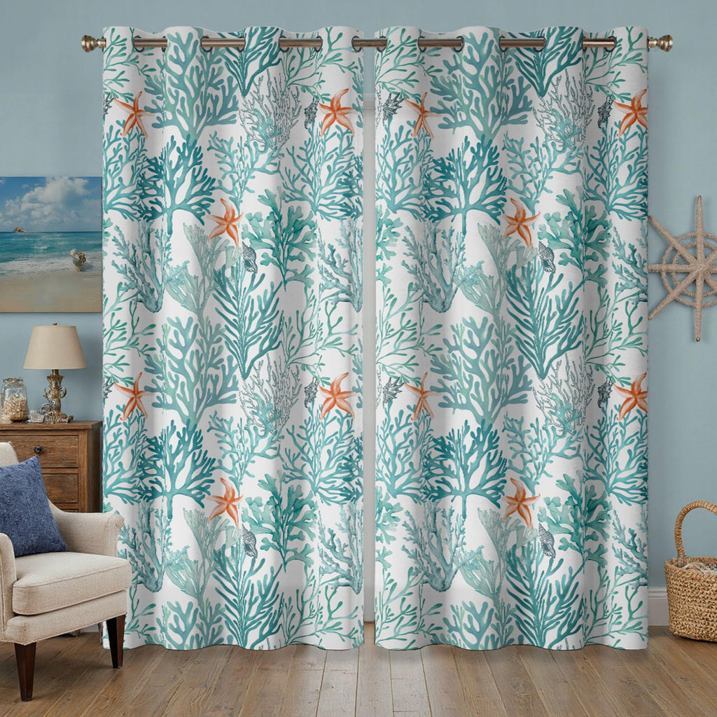 Coastal Beach Curtains 2 Panels Set Nautical Ocean Patterned Themed Thermal Insulating 50% Light Blocking Room