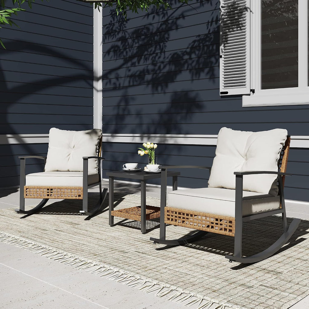 3 Piece Rocking Patio Bistro Set, Outdoor Bistro Sets Wicker Patio Furniture Rocking Chairs Sectional Couch and