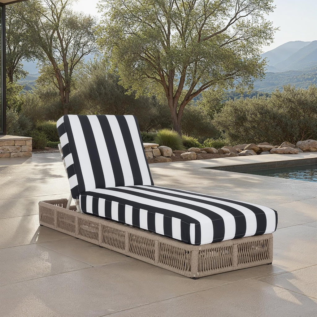 Outdoor Chaise Lounge Chair - Heather Tan & Navy Stripe - Steel and Woven Rope - Adjustable 5-Position