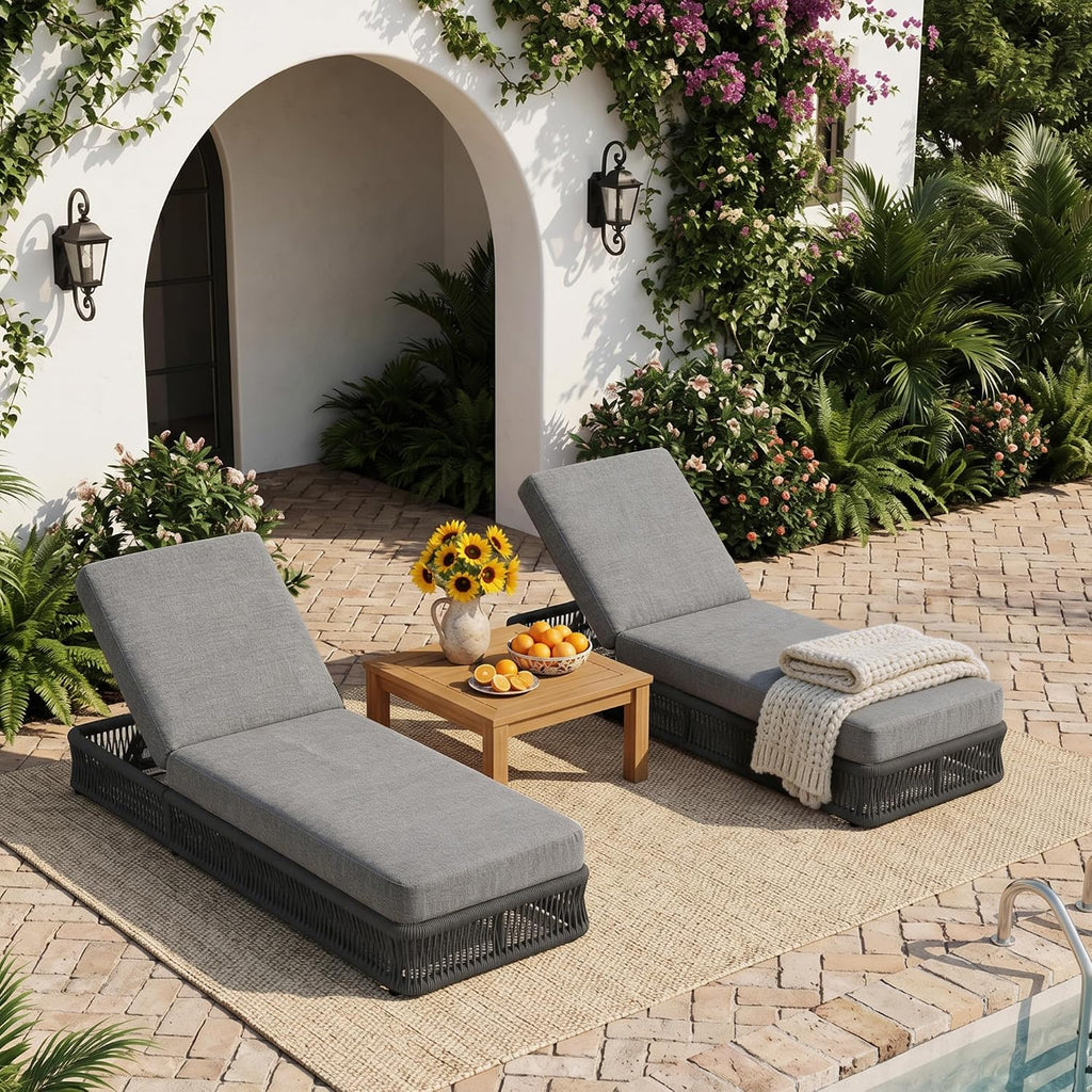 Outdoor Chaise Lounge Chairs Set of 2, 6 Adjustable Backrest Patio Lounge Chair, Woven Wicker Rope Patio Recliner