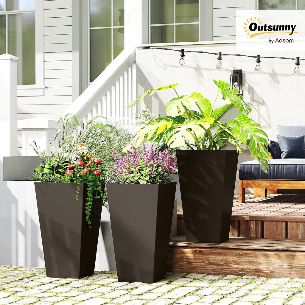 28 in Tall Planters for Outdoor Plants, Set of 3, Brown | Drainage Holes, Taper Indoor Grande Plant Pots, Front Porch
