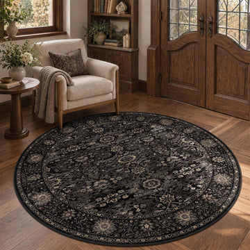 Round Rug 4ft Black Gold Vintage Washable Circle Rug Kitchen