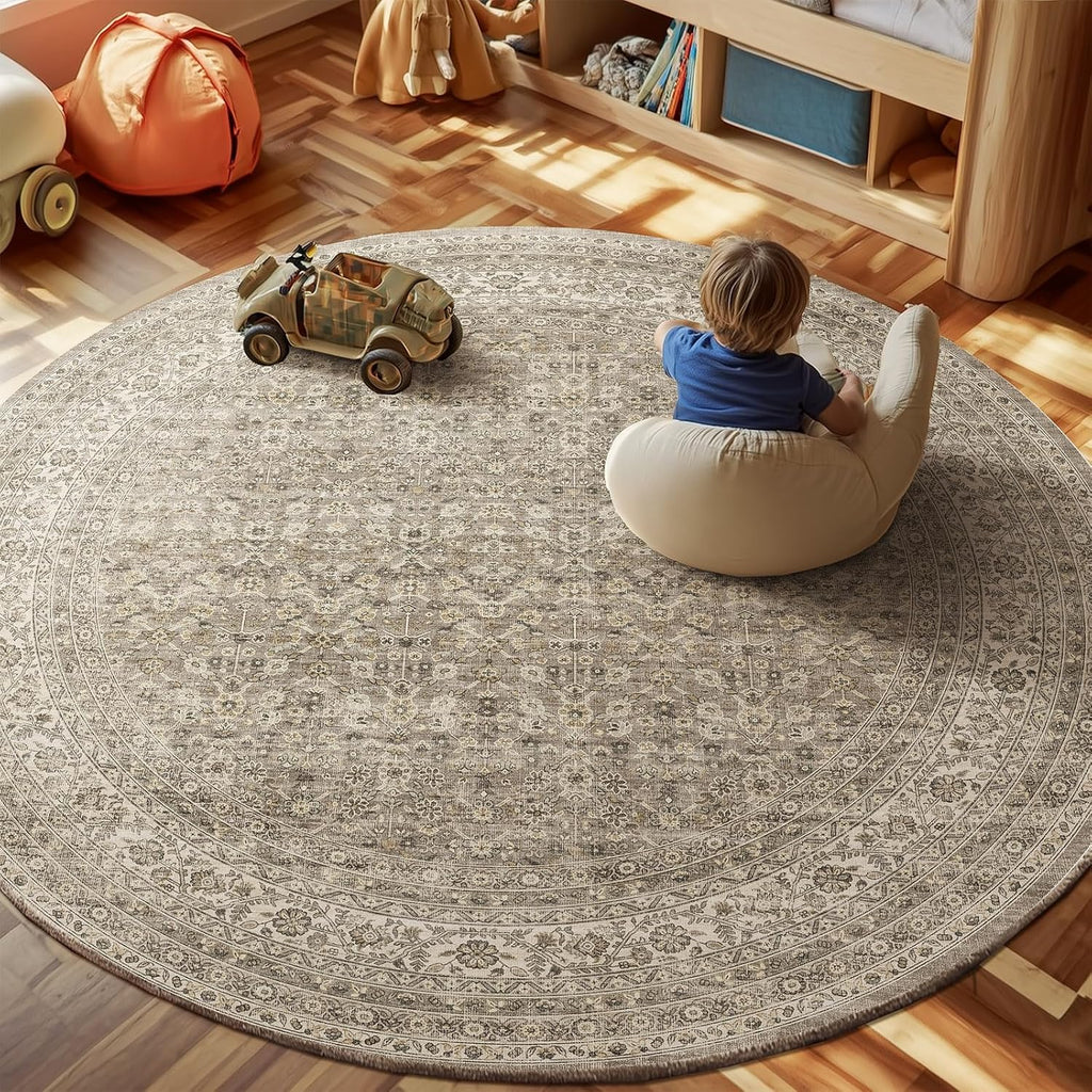 6ft Washable Round Rugs for Bedroom: Circle Living Room Rug Vintage Non Slip Low Pile Soft Faux Wool