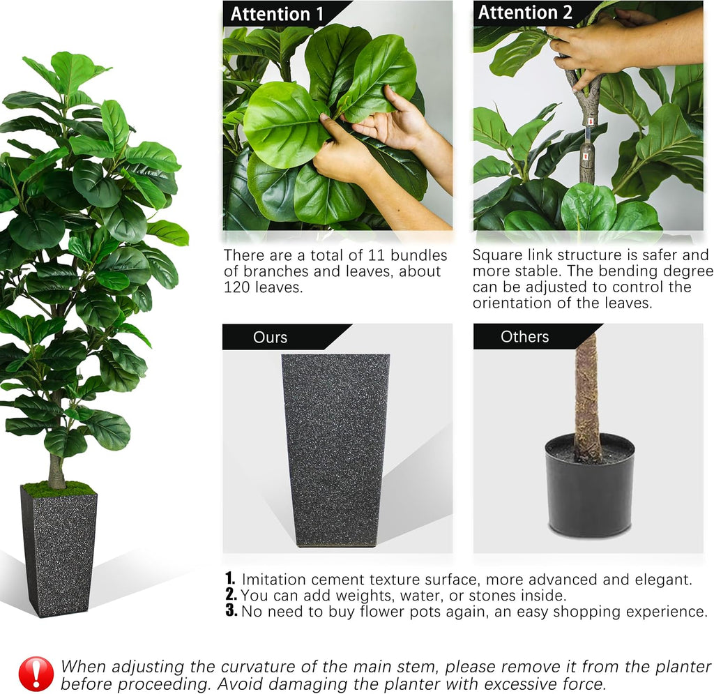 Fiddle Leaf Fig Tree 6ft, 6 Feet Large Tall Fake Plants Indoor with Modern Style Planter, Artificial Silk Tree Living