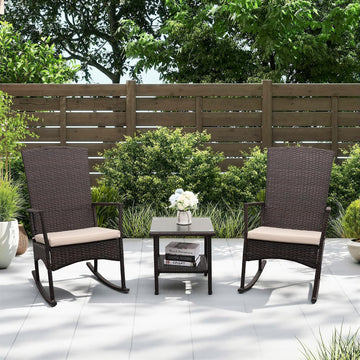 Outdoor Rocking Chair 3 Pieces High-Backed Rocking Chair Patio Rocking Chairs Outdoor Table, Khaki