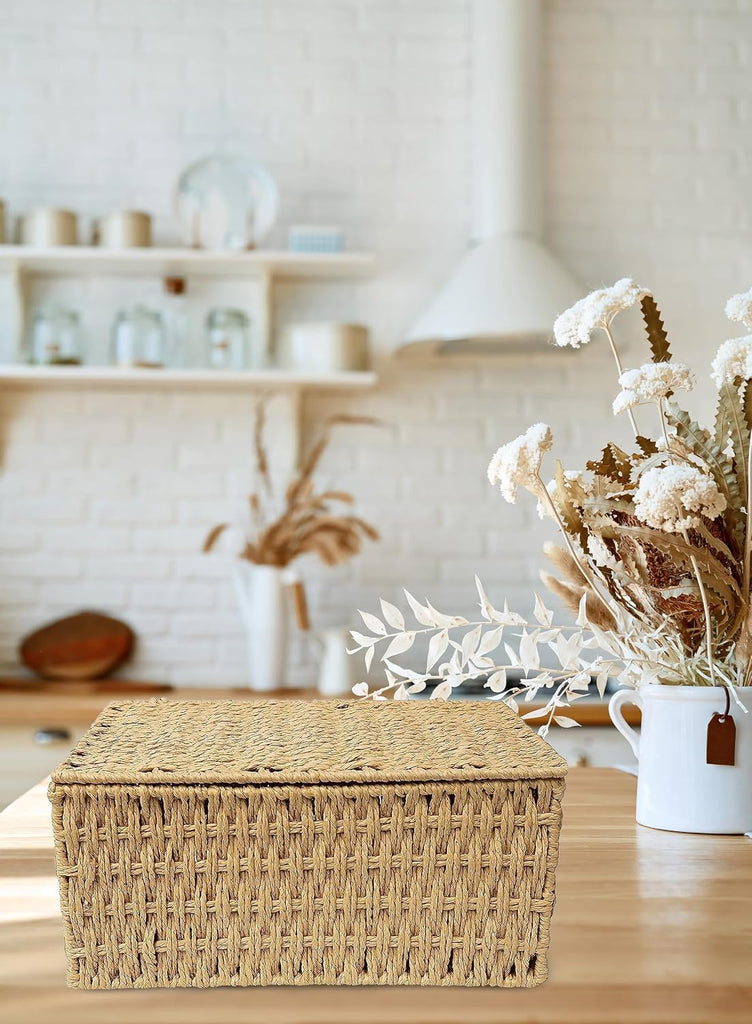 Woven Stackable Storage Baskets with Lid, Decorative Rope Organizer Bin - Set of 4 (4 Sizes), Beige (No Liner)
