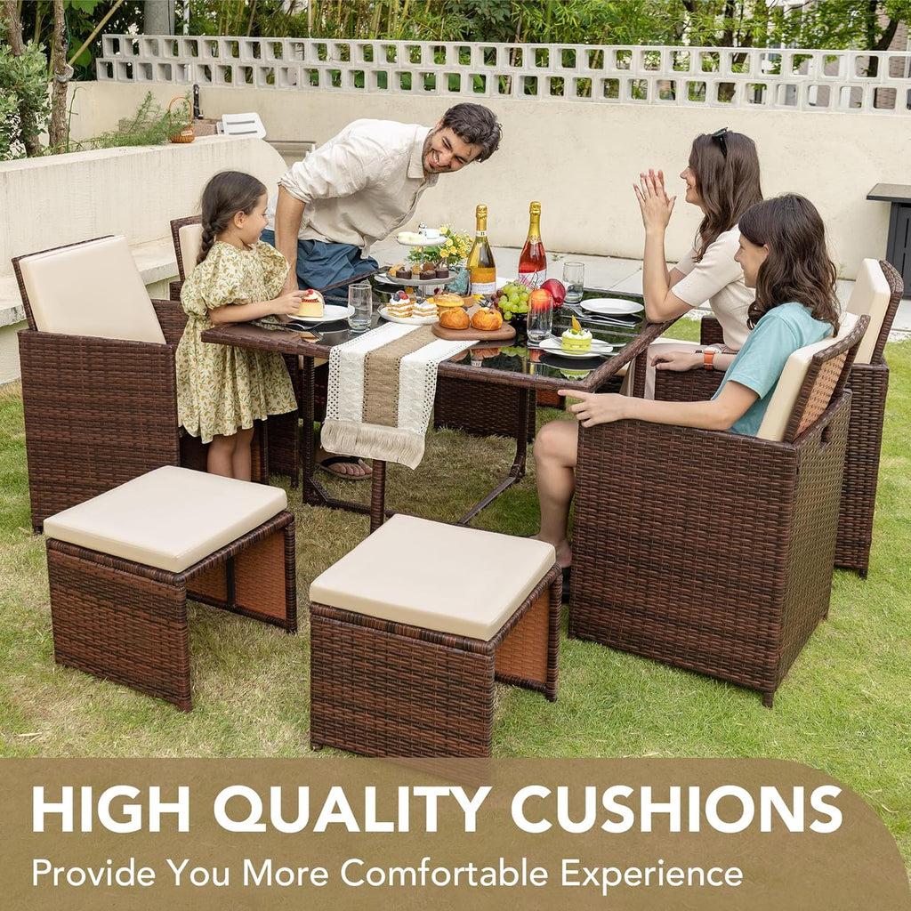 9 Pieces Patio Dining Sets Outdoor Space Saving Rattan Chairs with Glass Table Patio Furniture Sets Cushioned Seating