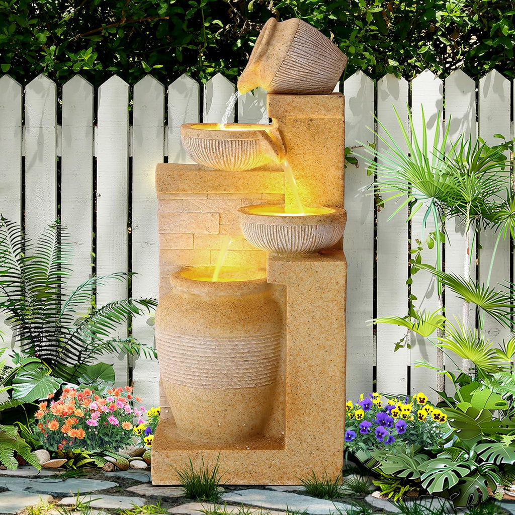 4-Tier Outdoor Garden Water Fountain, 32" H Freestanding Resin Cascading Bowls Fountain with LEDs and Pump