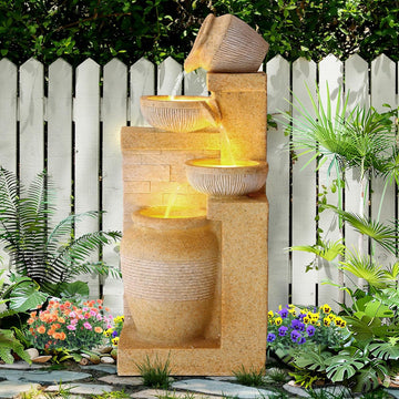 4-Tier Outdoor Garden Water Fountain, 32" H Freestanding Resin Cascading Bowls Fountain with LEDs and Pump