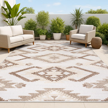Neutral Diamond Kilim Indoor Outdoor Area Rug Brown/Ivory, Sumak High-Low Pile for Backyard, Patio, Porch