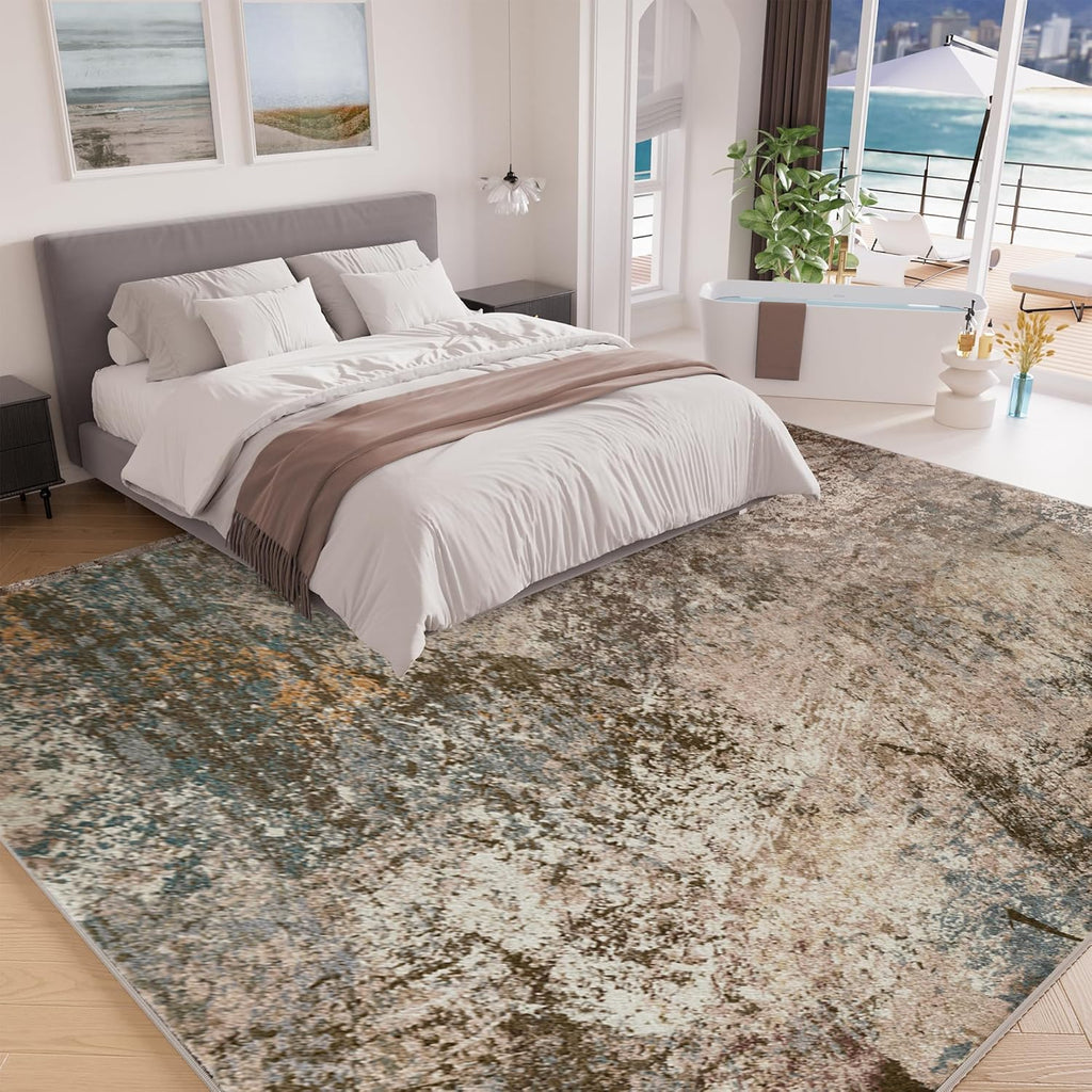 Modern Abstract Rug for Living Room, Washable Area Rug with Non-Slip Backing & Short Pile, Large Carpet with