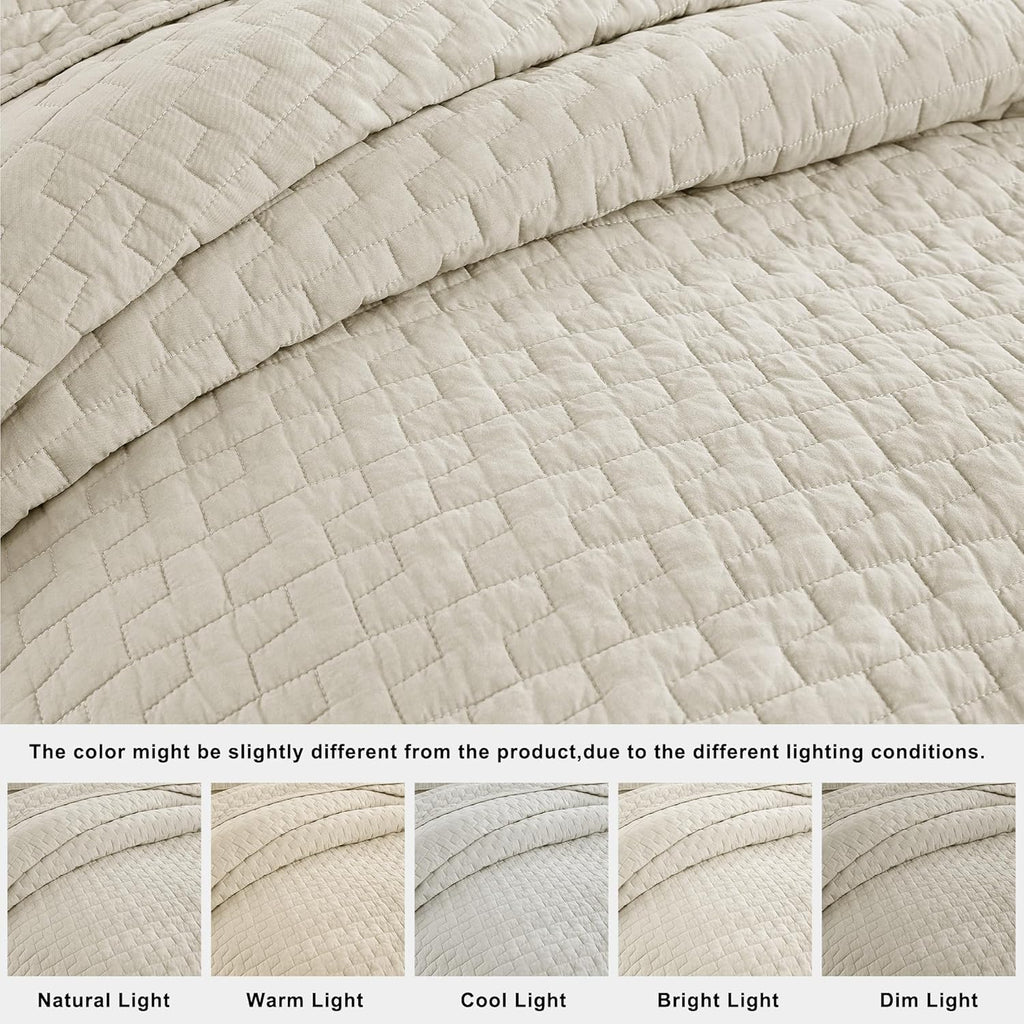 Beige 100% Cotton Quilt King Bedding Sets with 2 Pillow Shams, Textured Lightweight Soft Bedspread Shabby Chic