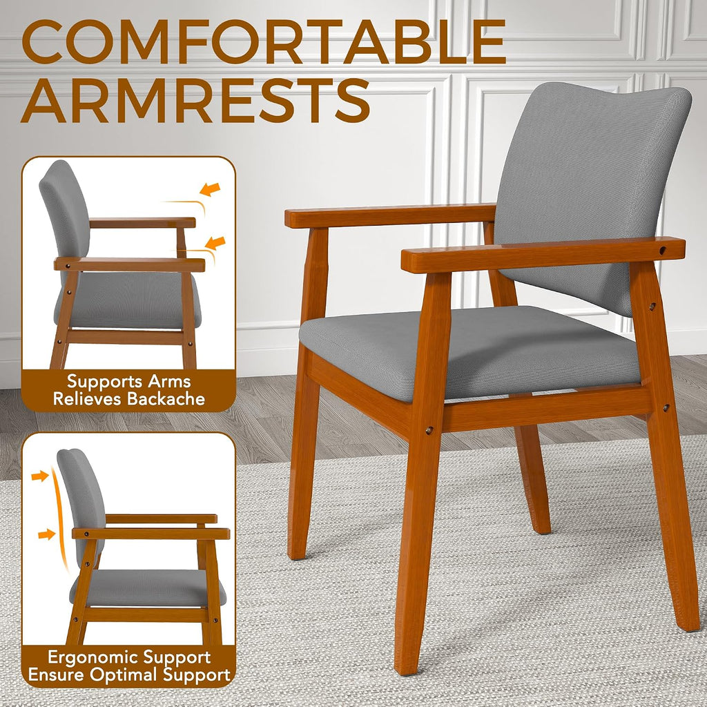 Mid Century Modern Walnut Dining Chairs Wood Arm Grey Fabric Kitchen Cafe Living Room Decor Furniture