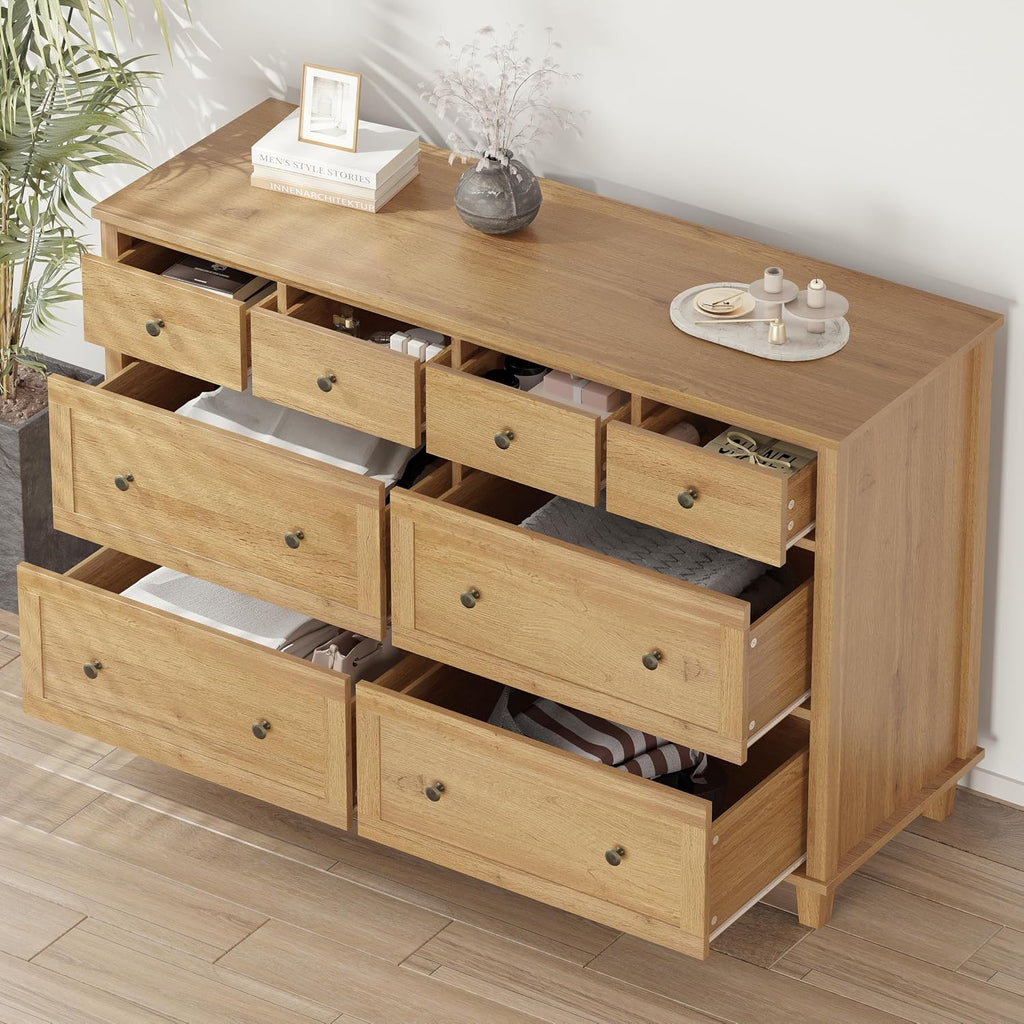 Dresser 8 Drawer Wood Dresser 56.3" Wide, Large Storage Chest of Drawers , Modern TV Stand Drawer Organizer, Natural