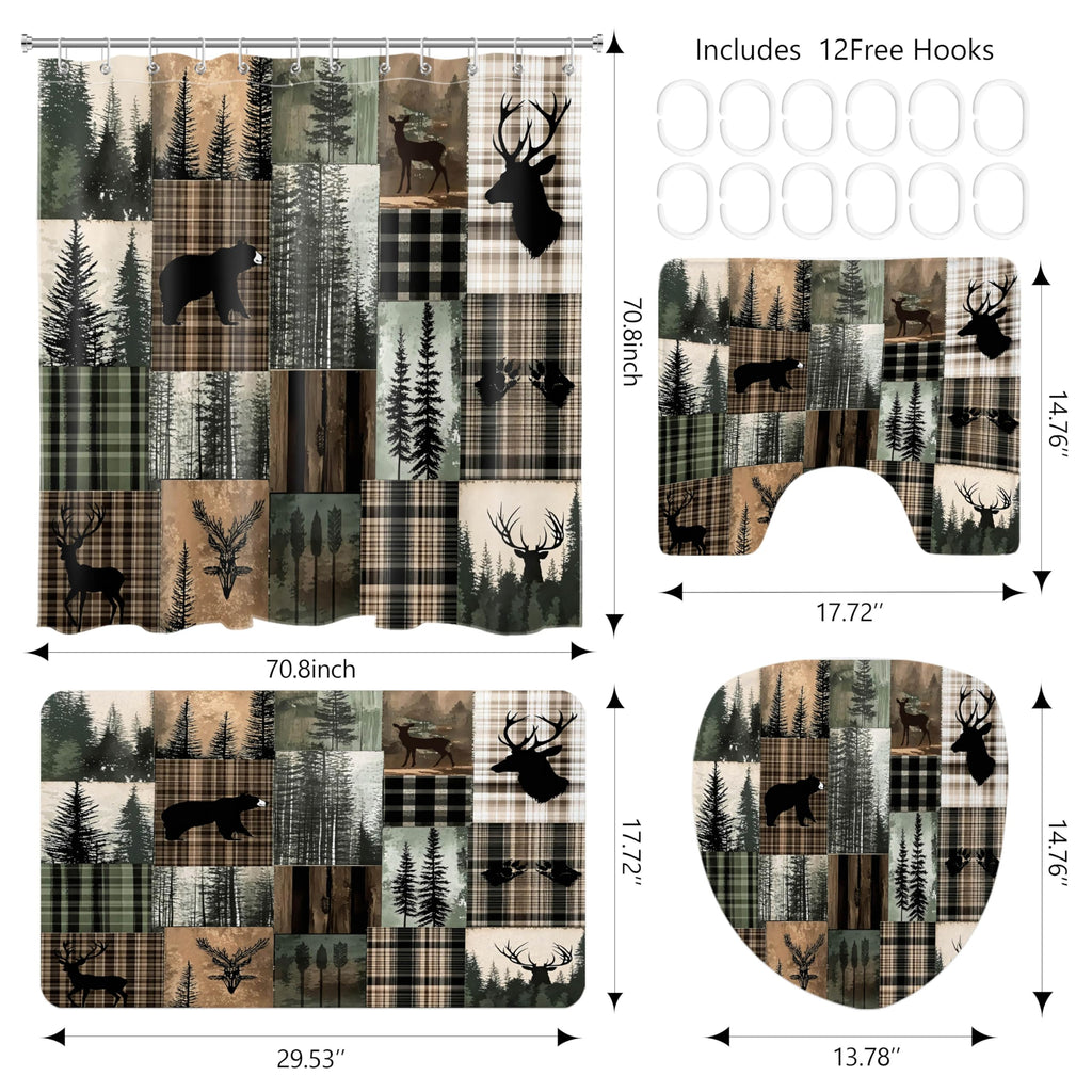 Rustic Cabin Patchwork Shower Curtain Set with Non-Slip Bathroom Rugs, Wild Animal Deer and Bear Vintage Plaid Shower