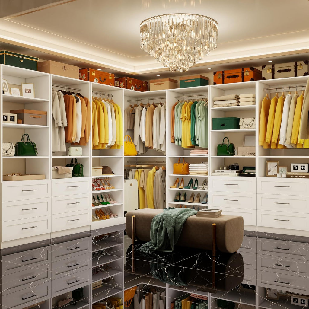 Closet System with 4 sets, 101.9" Closet Organizer Systems with 6 Drawers & 8 Hanging Rods & Adjustable Shelves, Walk