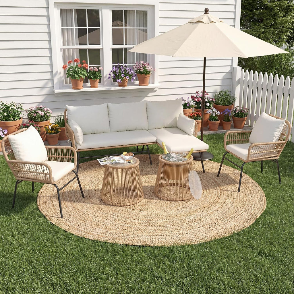 6-Piece Boho Outdoor Patio Furniture Set, L-Shaped Wicker Sectional Sofa with Ice Bucket Table & High Back, Sturdy