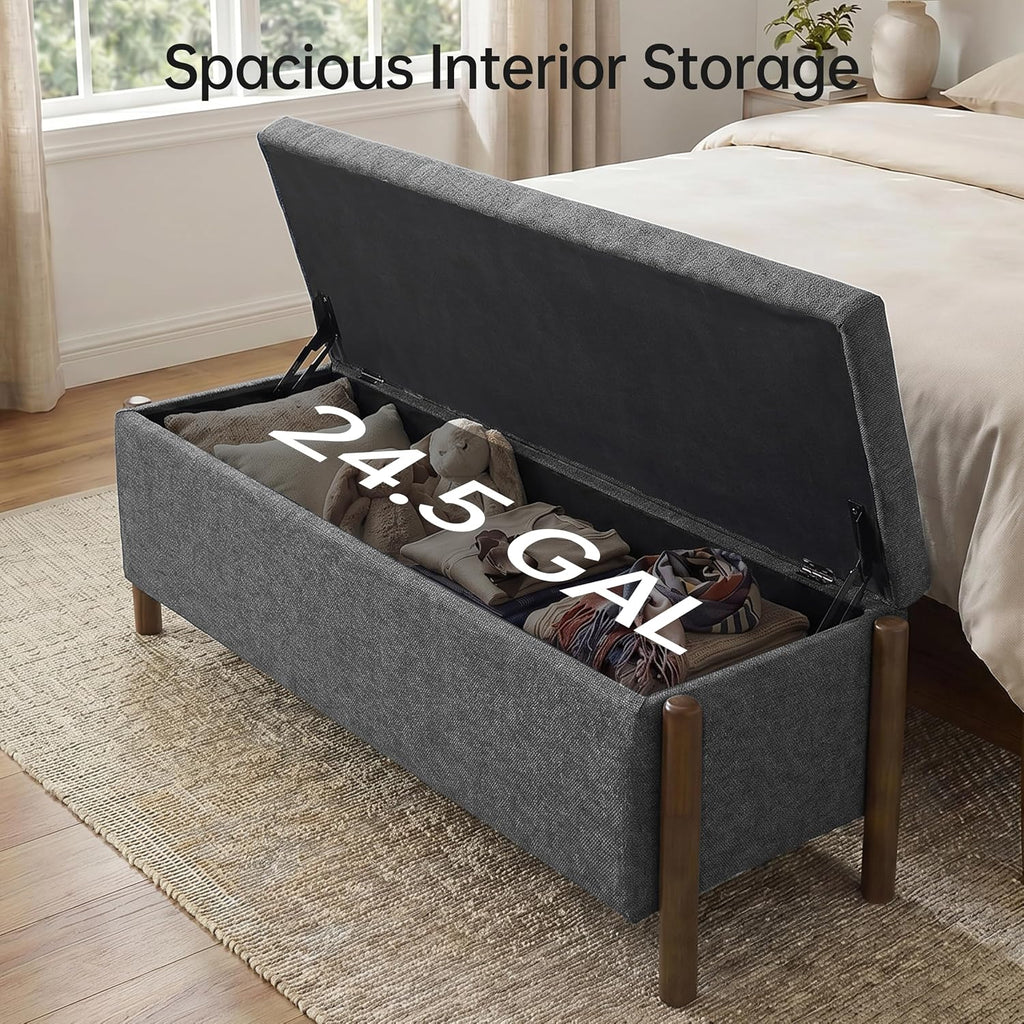 Wooden Storage Ottoman Bench, 47" Fabric Upholstered End of Storage Bench with Rubberwood Legs, Entryway Bench with
