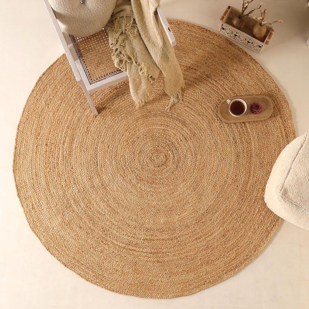 Handwoven 6ft Round Jute Rug Natural Rustic Reversible Living Room Area Rug