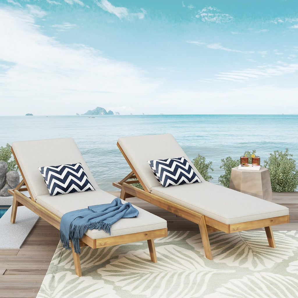 Outdoor Chaise Lounge Chair Set of 2, Acacia Wood Lounge Chair with 5-Position Adjustable Back and Cushion, Patio