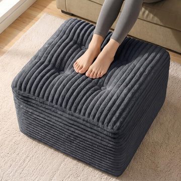 23.6in Pouf Ottoman, Corduroy Ottoman Foot Rest Footstool, Grey
