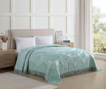 Lotus Medallion Full Chenille Bedspread, 100% Cotton, Blue