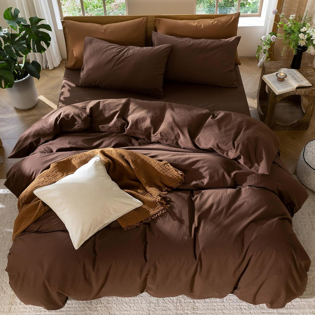Bedding Duvet Cover Set 100% Washed Cotton Linen Like Textured Breathable Durable Soft Comfy (Solid Cocoa Brown