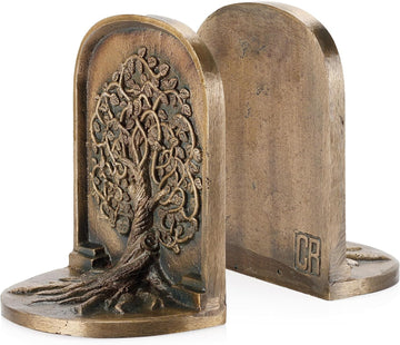 Tree of Life Bookends, Antique Brass, 2 Decorative Bookends for Shelves or Bookcase, Cast Iron, Non-Skid Heavy