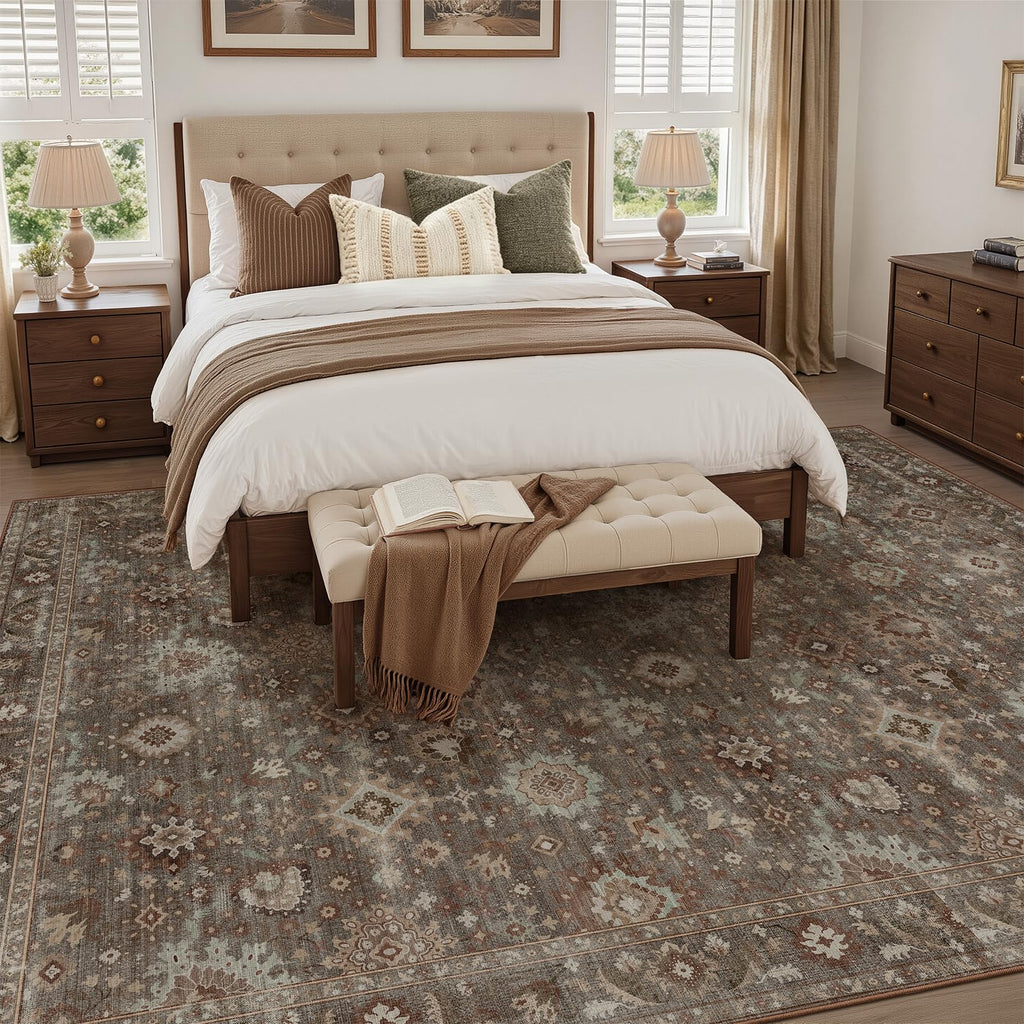 Dark Taupe Oushak Washable Rugs Bedroom, Brown