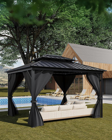 10x10 Ft Hardtop Gazebos with Heavy Duty Double Roof, Nettings and Curtains Galvanized Steel Outdoor Gazebos