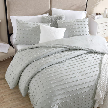 Home Comforter Set, Tufted Pom Poms, Gray