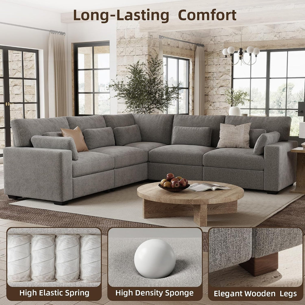 109.1'' Modular Sectional Sofa, L Shaped Oversized Extra Deep Couches , 5-Seat Chenille Couch with Wooden Legs, 2 Arm