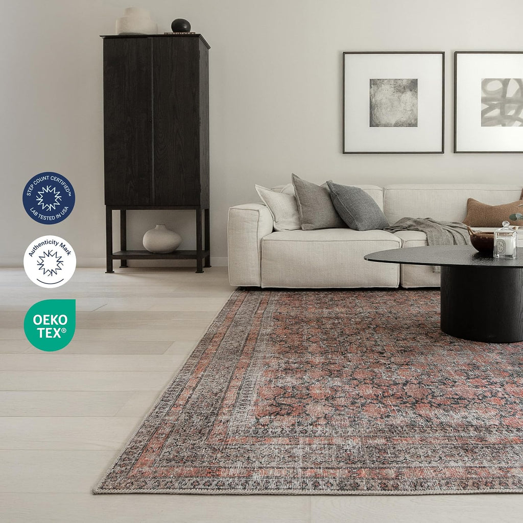 Rustica 10’ x 14’ Area Rug - Clay Rose & Blue-Cast Graphite Heritage Flatweave, Low-Pile - Easy Clean Area Rug