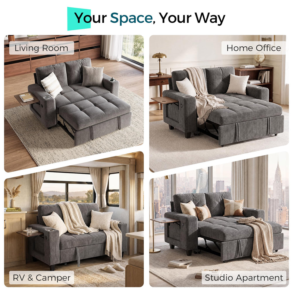 Modular Sectional Sofa Bed, Chenille Pull Out Couch 2 Seat Grey