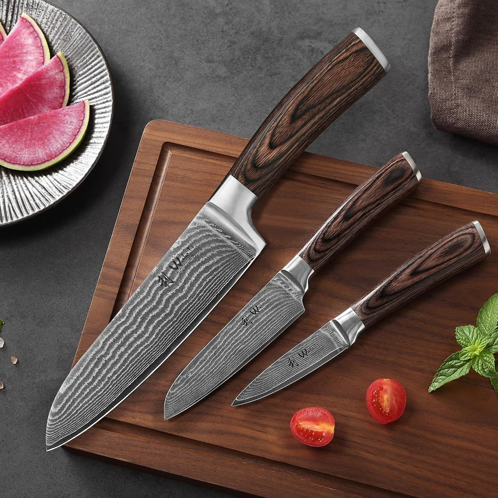 3-Piece Damascus Kitchen Knife Set in Wooden Gift Box | VG10 core, 67 layers genuine Damascus steel, 60 HRC, 7-inch