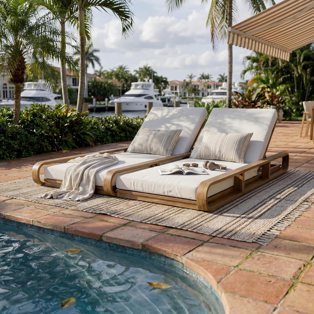 Pyke Double Chaise Lounge Outdoor with Cushion, Acacia Wood Patio Chaise Lounge Set of 2, Adjustable Backrest