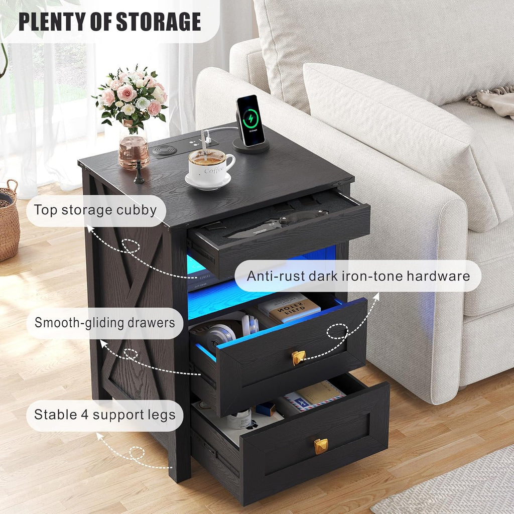 Farmhouse LED Nightstand with Gun Drawer&Invisible Lock,Modern Bedside Table with Human Sensor Design,Rustic Side
