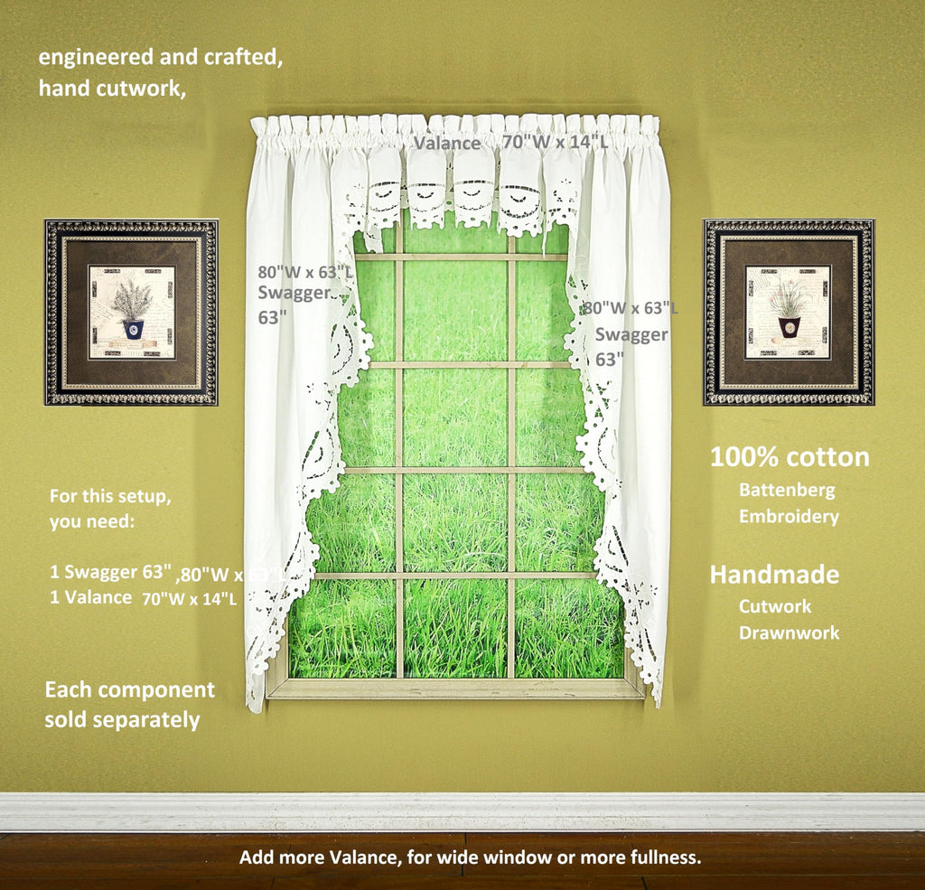 Imperial Classic Drawn Cutwork Window Swag 38", White, 70" W x 38" L